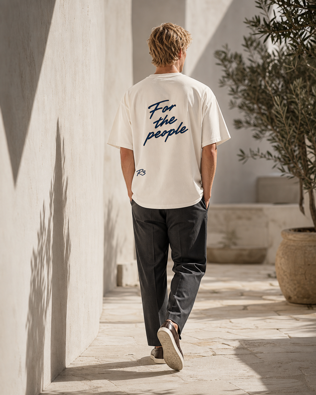 FOR THE PEOPLE Oversized T-Shirt Natural Raw — male model back view