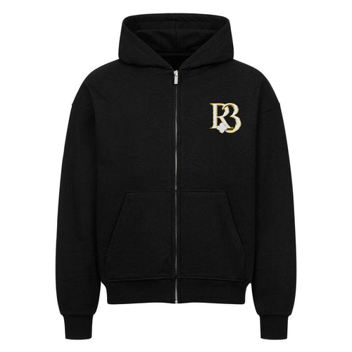 Two people wearing black Clover at Night hoodies with R3 logo and clover designs on the back walking outdoors in an urban