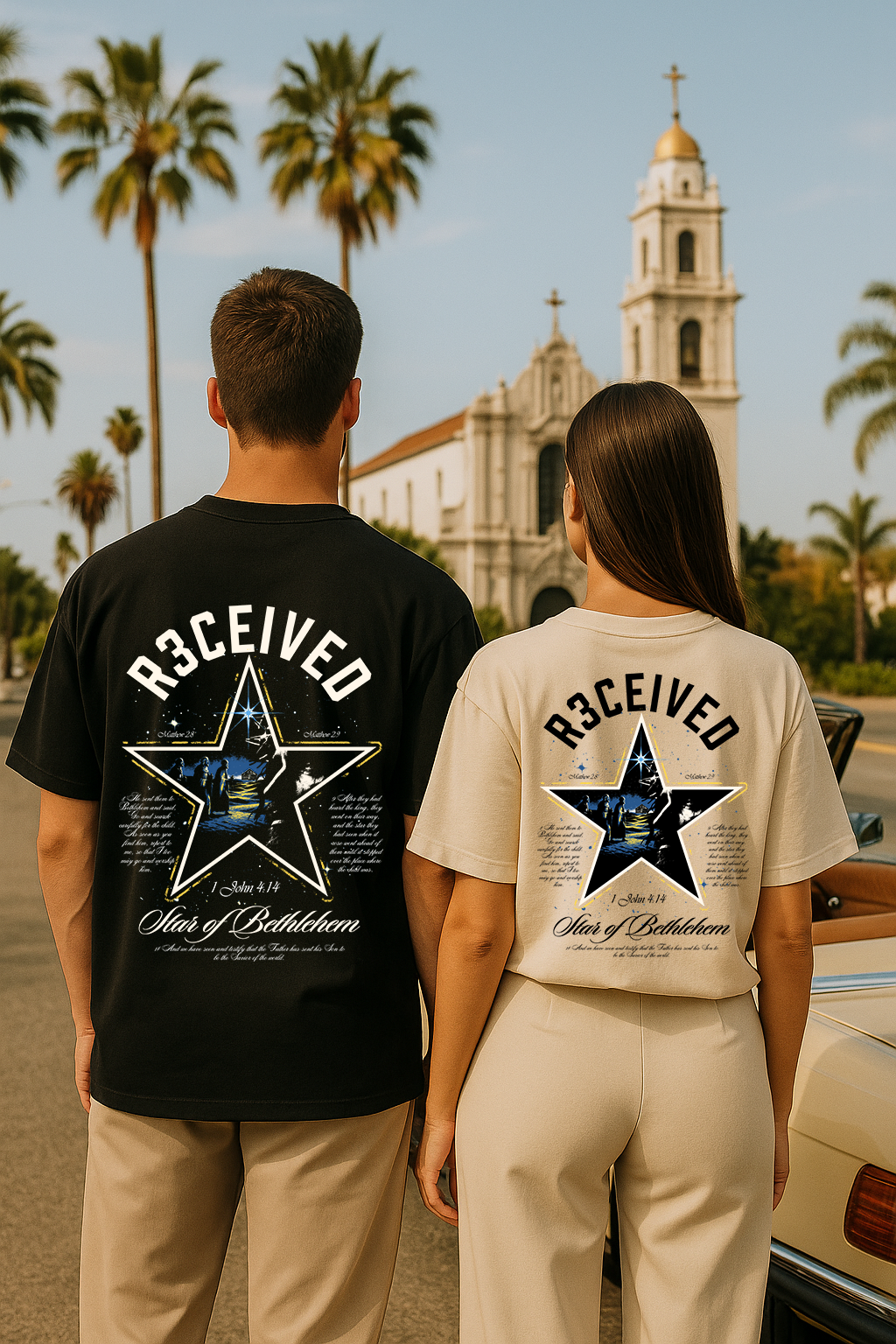 Two people wearing black and white Star of Bethlehem tee shirts by R3CEIVED with star design and religious scripture on the back.