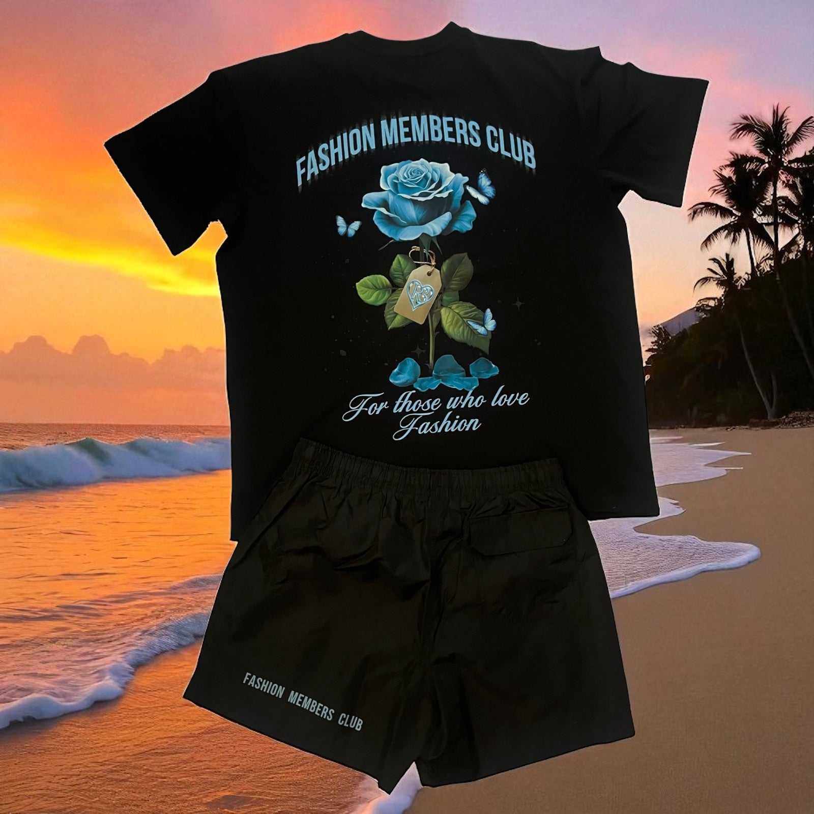 Men's R3 Fashion Members Club black swimming trunks with pockets and matching black t-shirt with blue rose design.