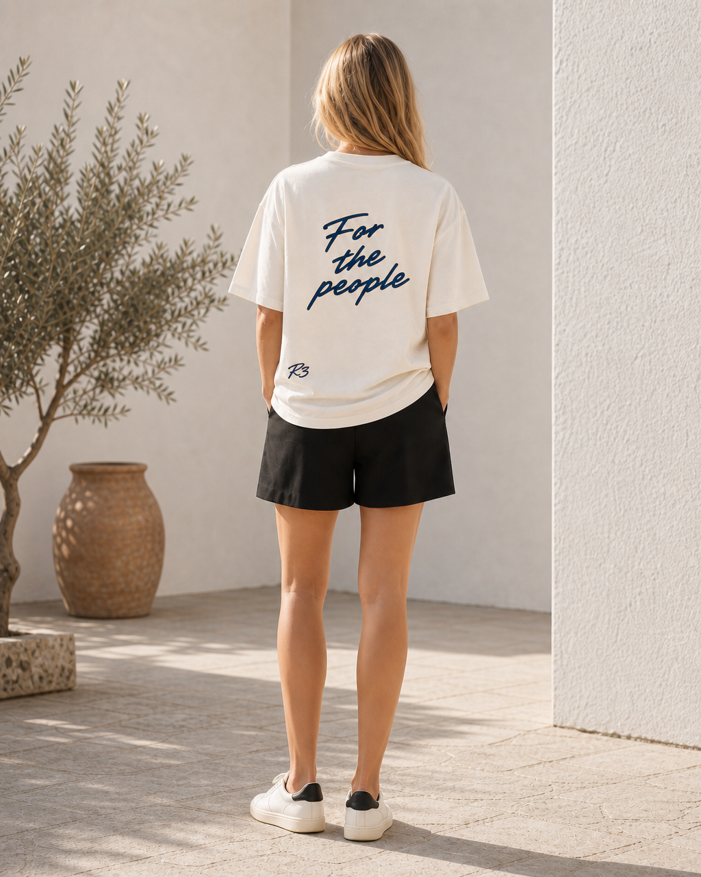 FOR THE PEOPLE Oversized T-Shirt Natural Raw — female model back view