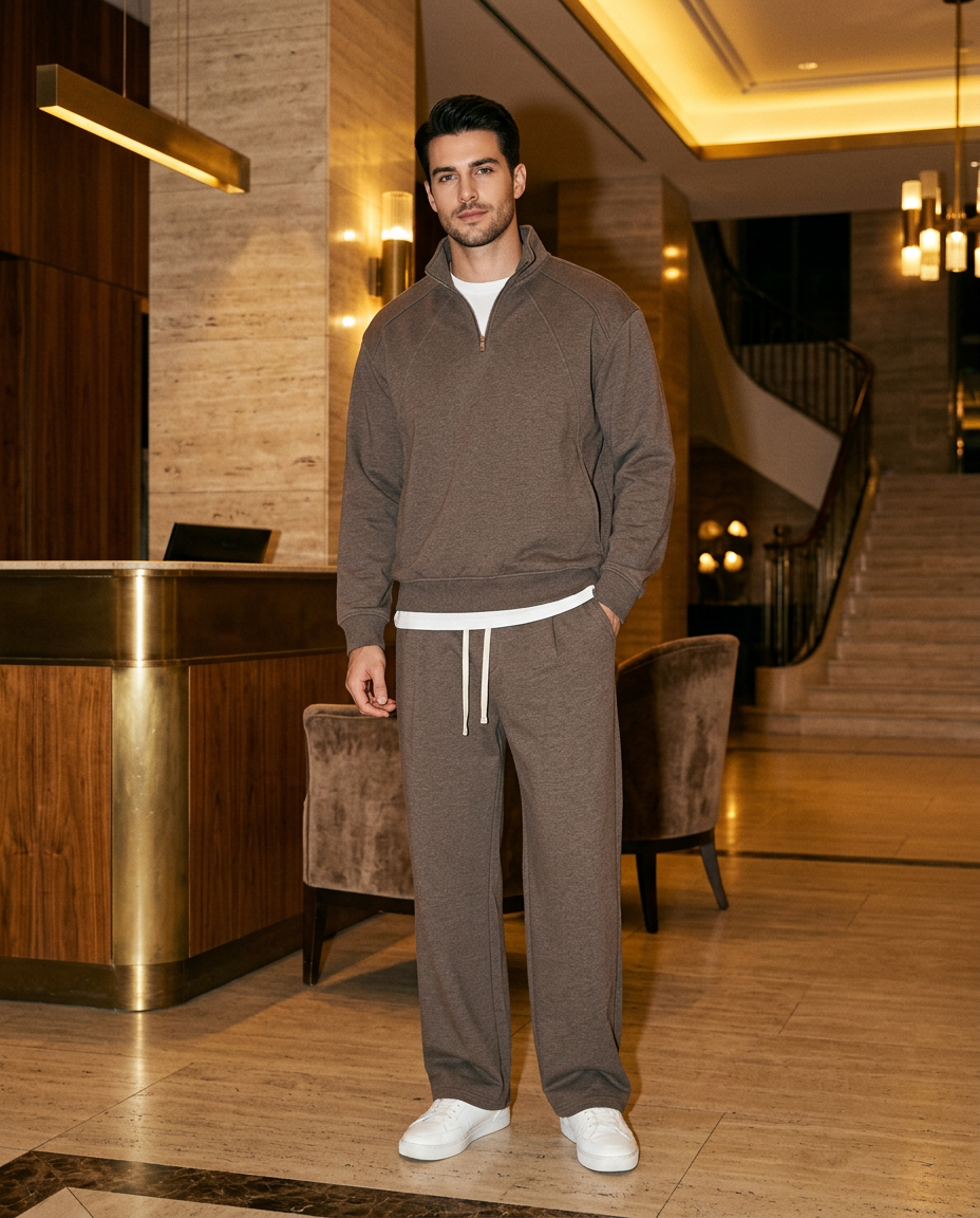Belgravia Half-Zip Set Coffee worn