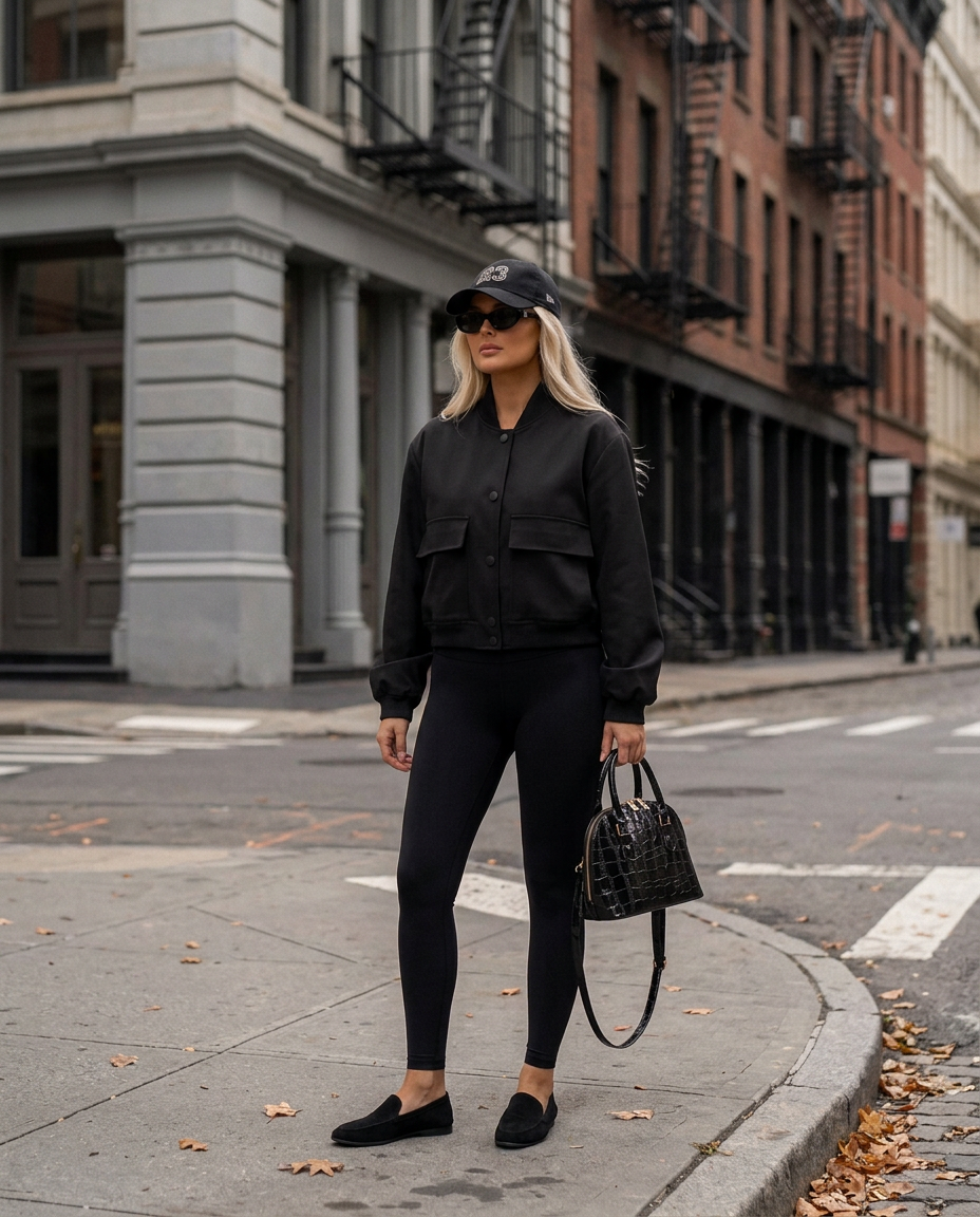 Brooklyn Cropped Bomber Jacket in Black with Tribeca Croc Dome Bag in Black