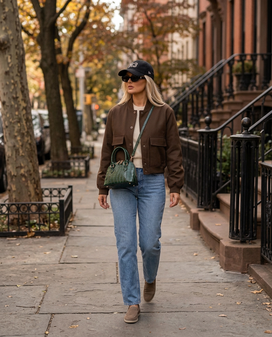 Brooklyn Cropped Bomber Jacket in Dark Brown with Tribeca Croc Dome Bag in Green