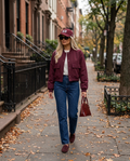 Brooklyn Cropped Bomber Jacket in Burgundy with Tribeca Croc Dome Bag