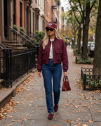 Brooklyn Cropped Bomber Jacket in Burgundy with Tribeca Croc Dome Bag