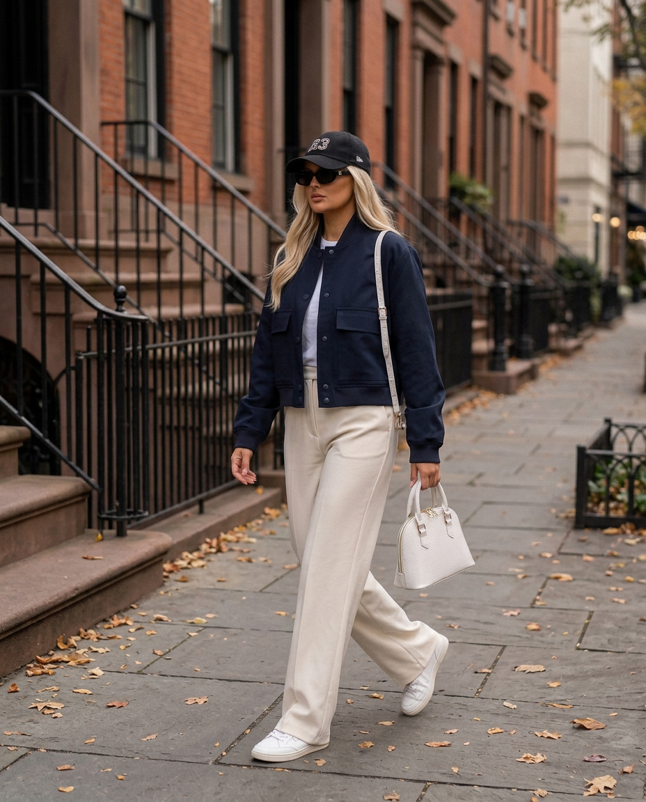 Brooklyn Cropped Bomber Jacket in Navy with Tribeca Croc Dome Bag in White