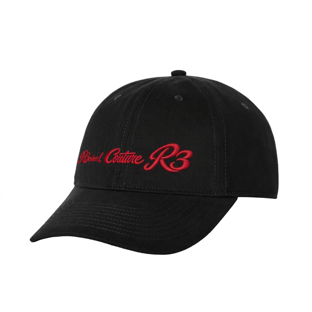 R3ceived Couture cap in Black, flat embroidery