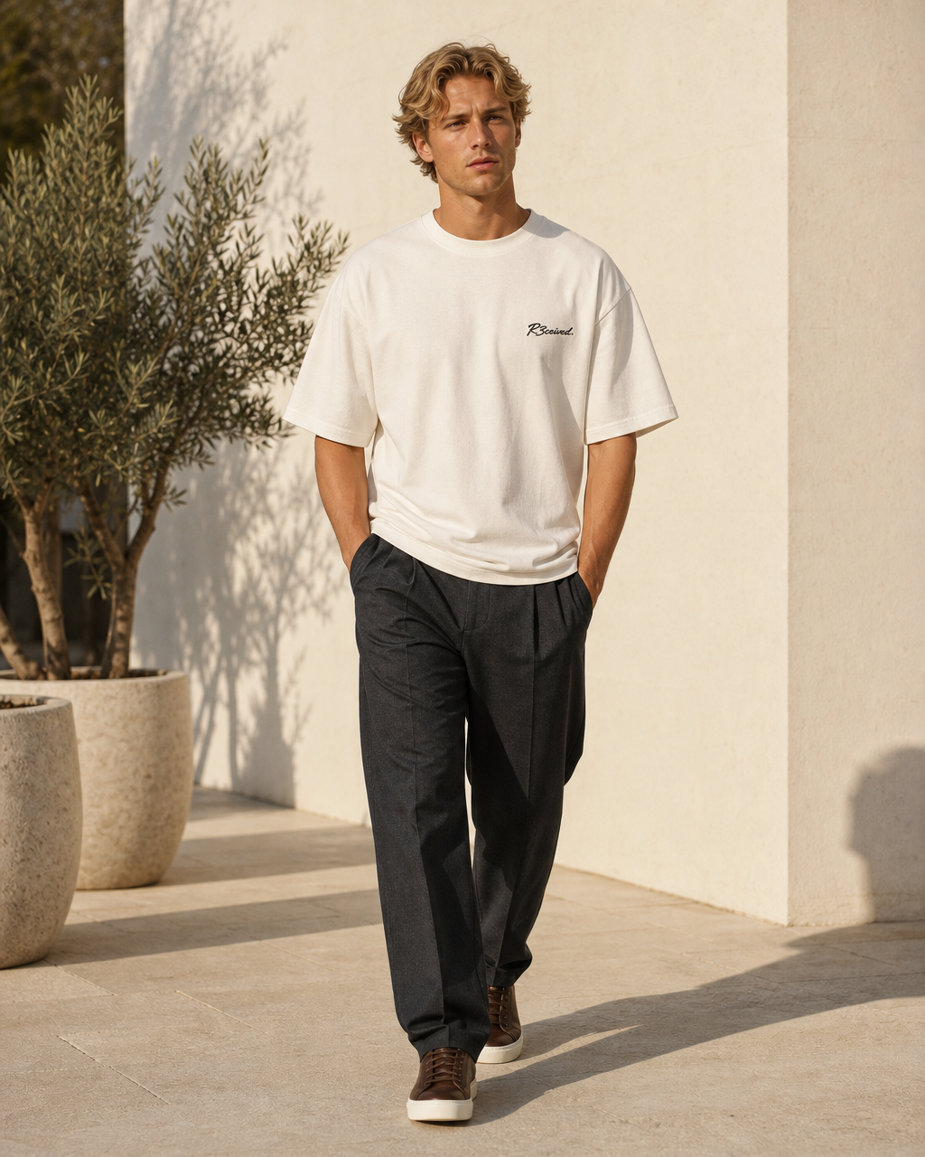 FOR THE PEOPLE Oversized T-Shirt Natural Raw — male model front view
