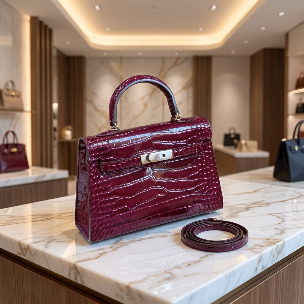Elegant structured Dolce Vita handbag with crocodile-embossed finish on a marble showroom display.