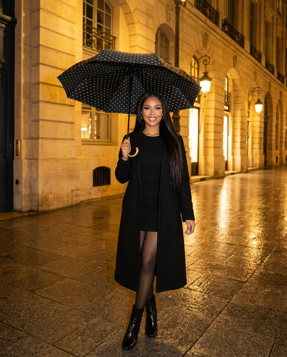 R3ceived Polka Dot Gold Umbrella Black at night