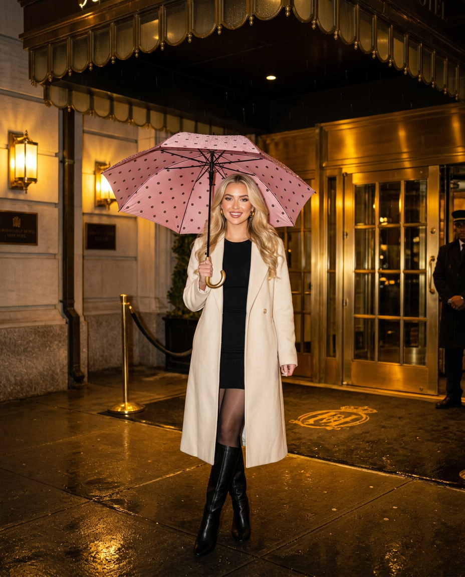 R3ceived Polka Dot Gold Umbrella Pink at night