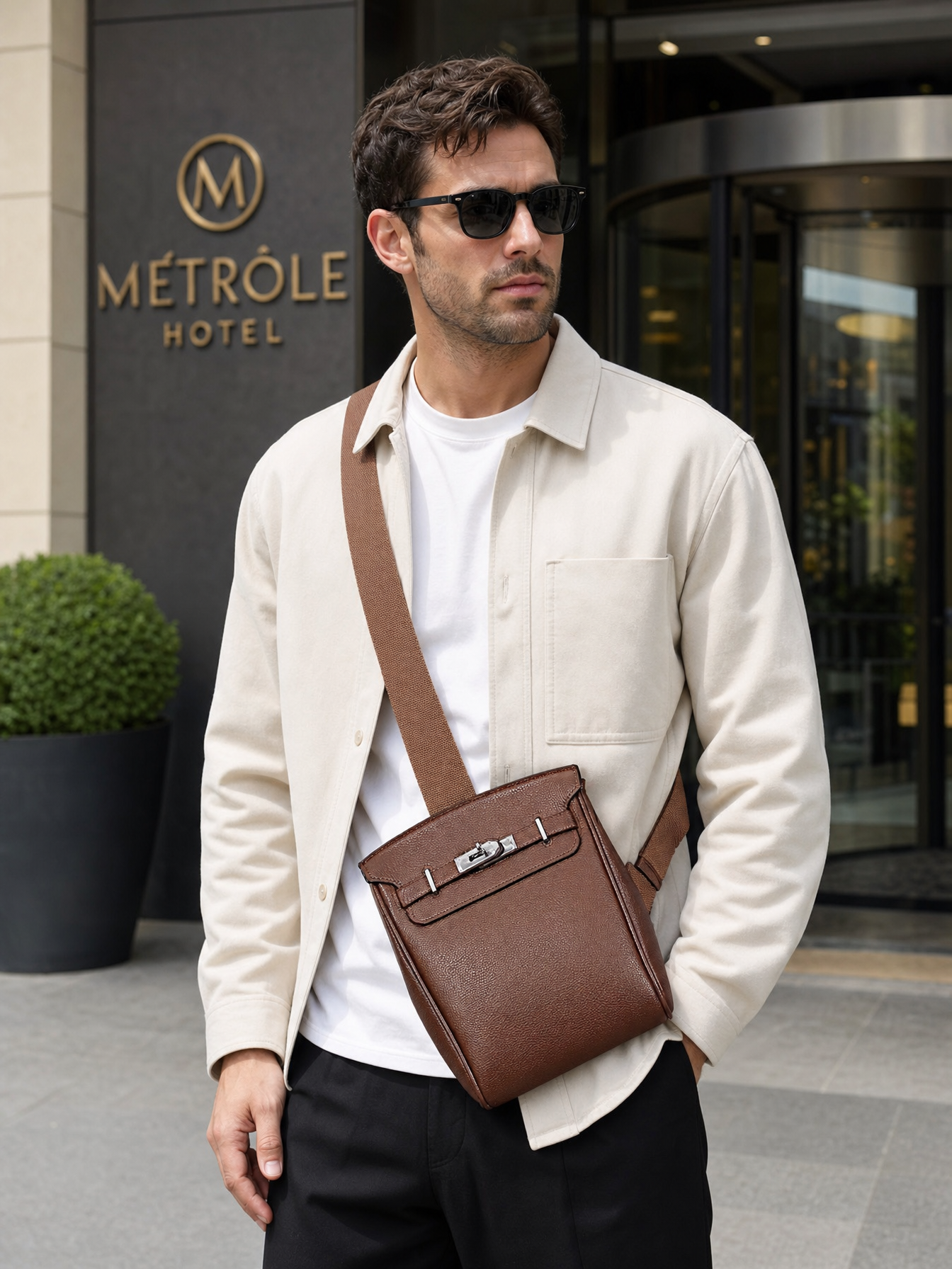 Man wearing the Sinclair brown sling bag in front of a hotel