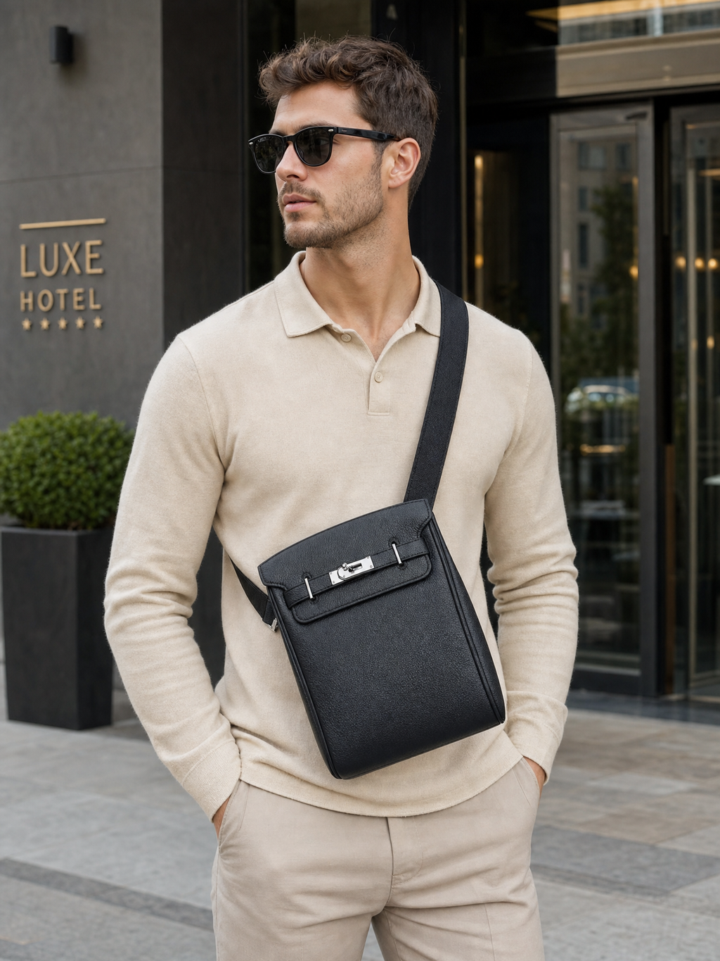 Man wearing the Sinclair black sling bag in front of a hotel