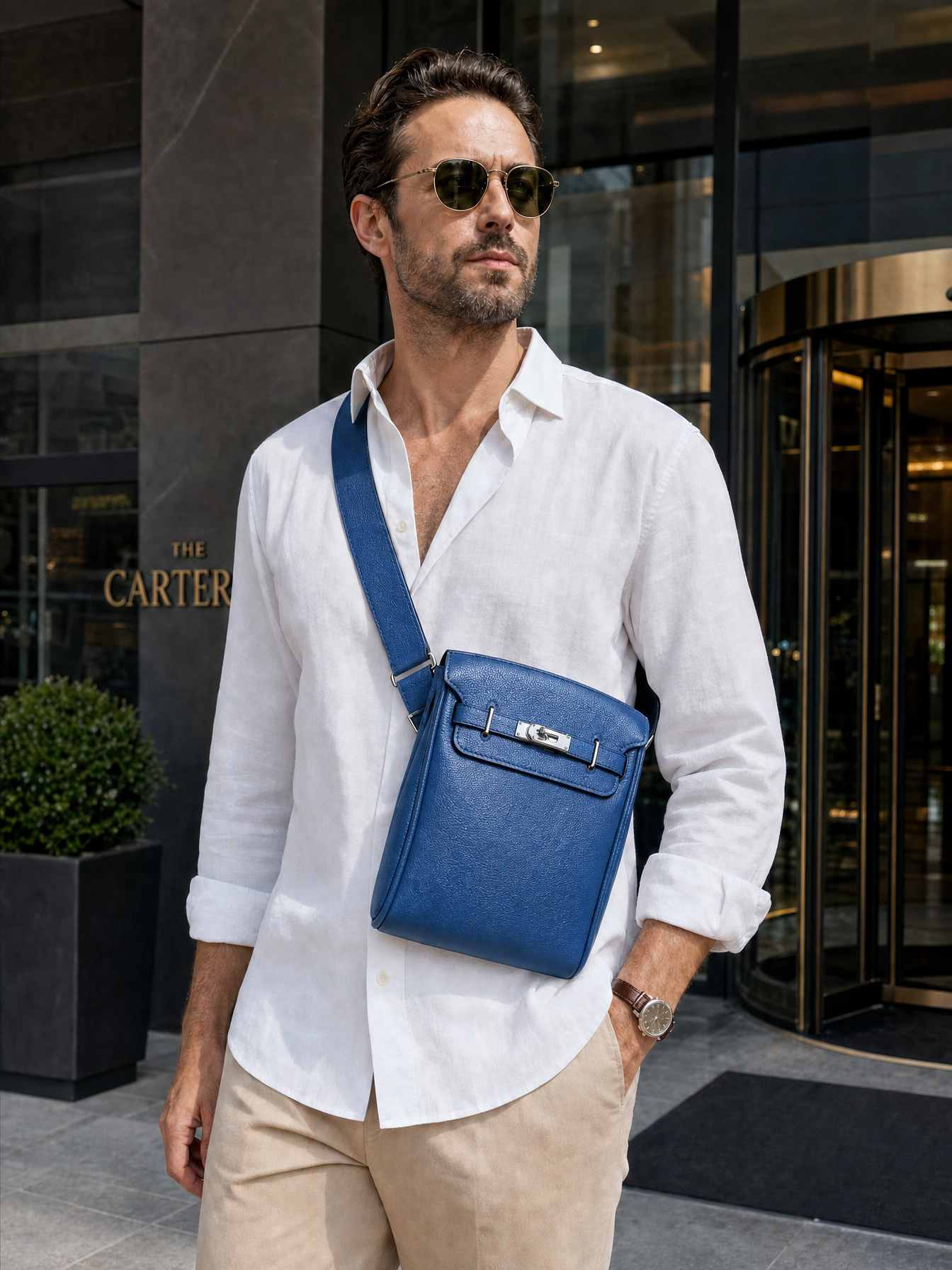 Man wearing the Sinclair blue sling bag in front of a hotel