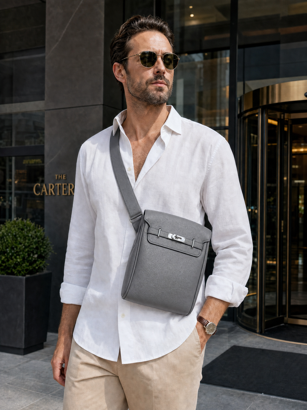 Man wearing the Sinclair grey sling bag in front of a hotel