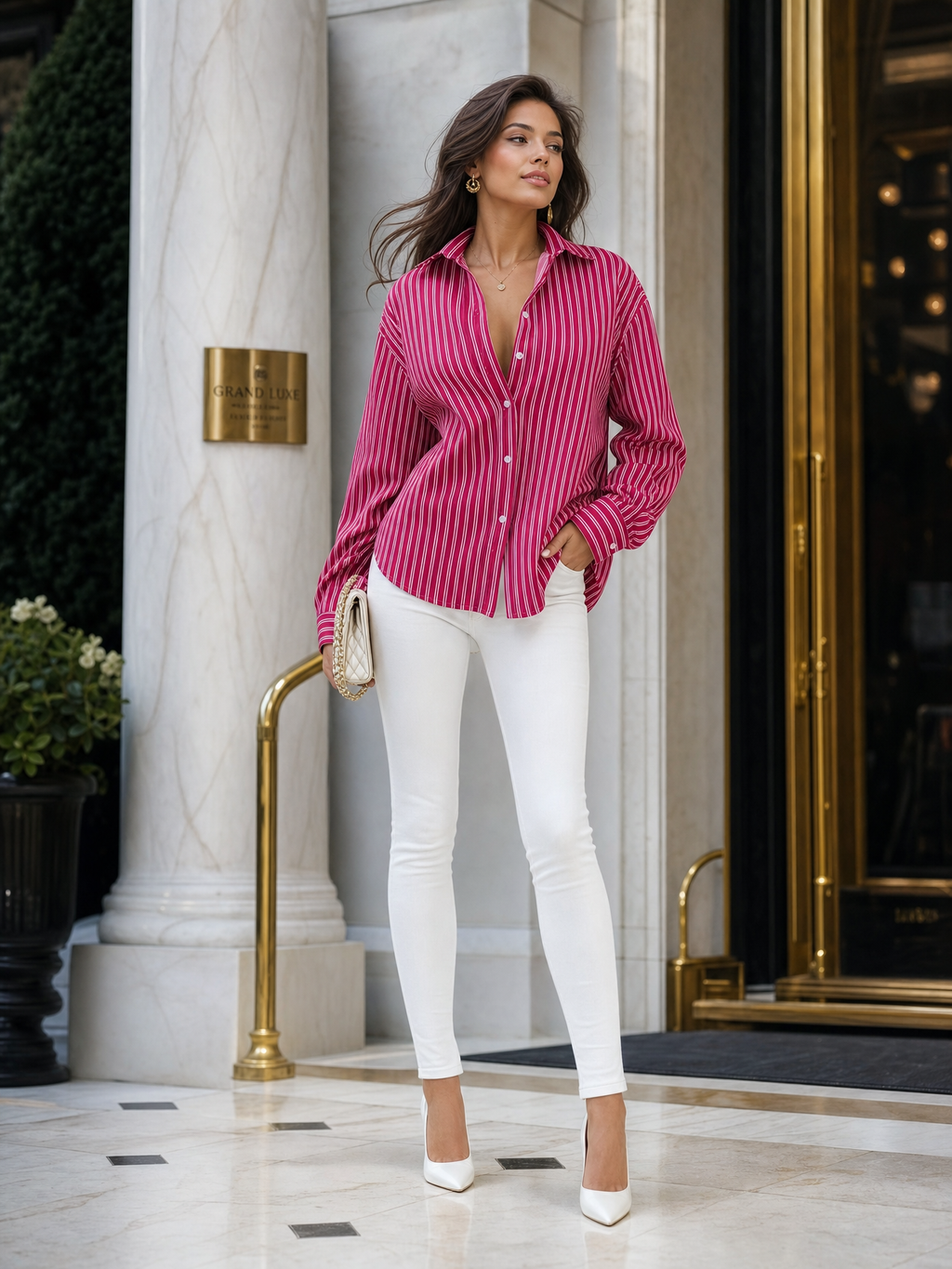 Vrouwelijk model draagt de rode gestreepte blouse met witte skinny jeans bij een chique hotel