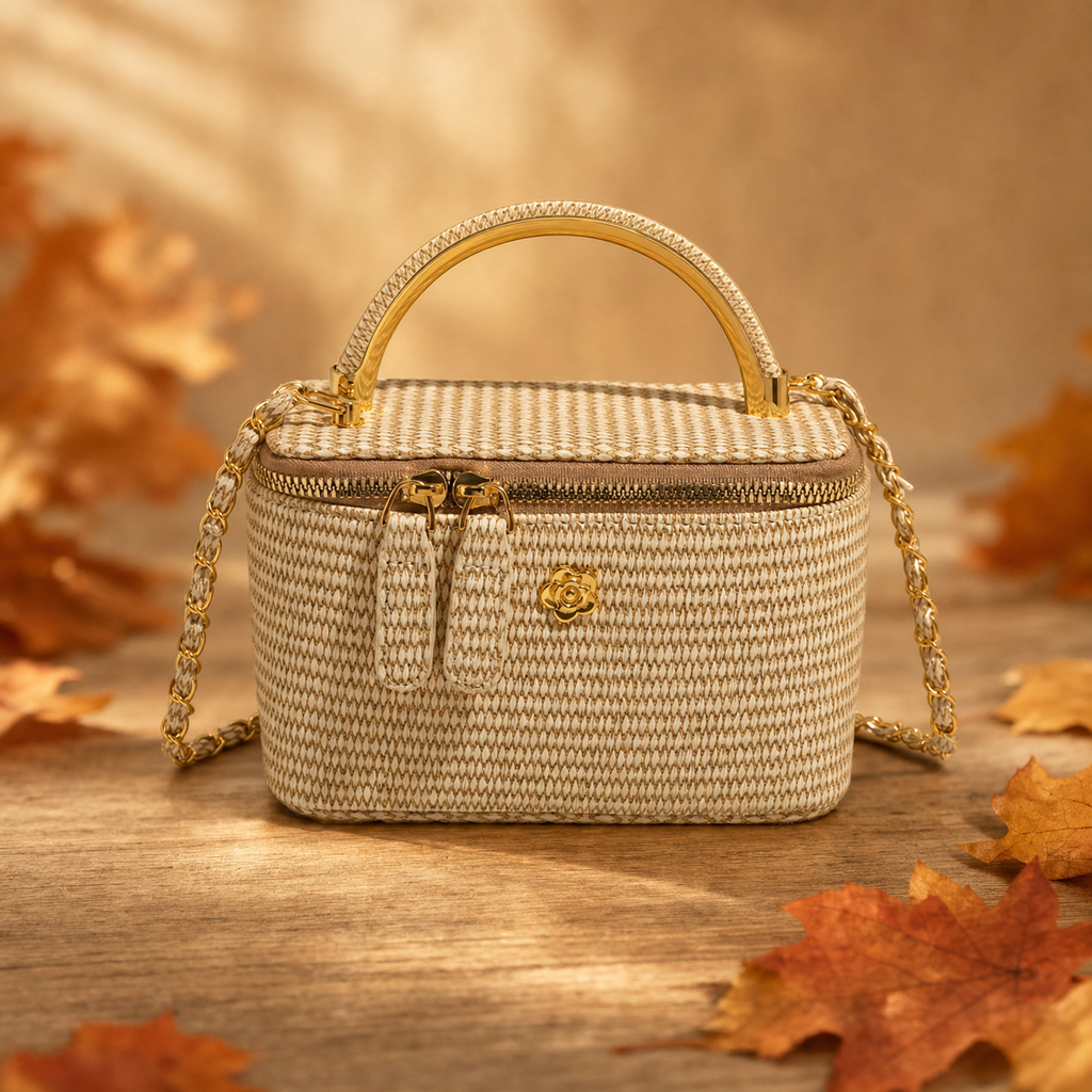 Gevlochten boxtas khaki - losse productfoto, herfst sfeer