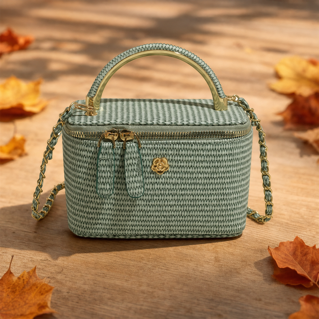 Gevlochten boxtas groen - losse productfoto, herfst sfeer