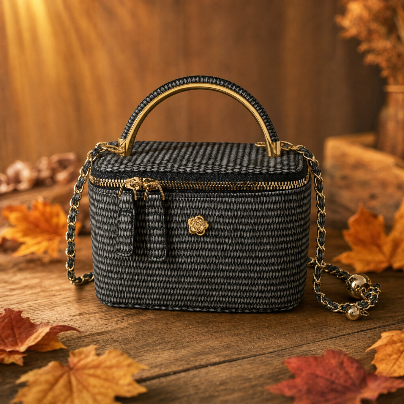 Gevlochten boxtas zwart - losse productfoto, herfst sfeer
