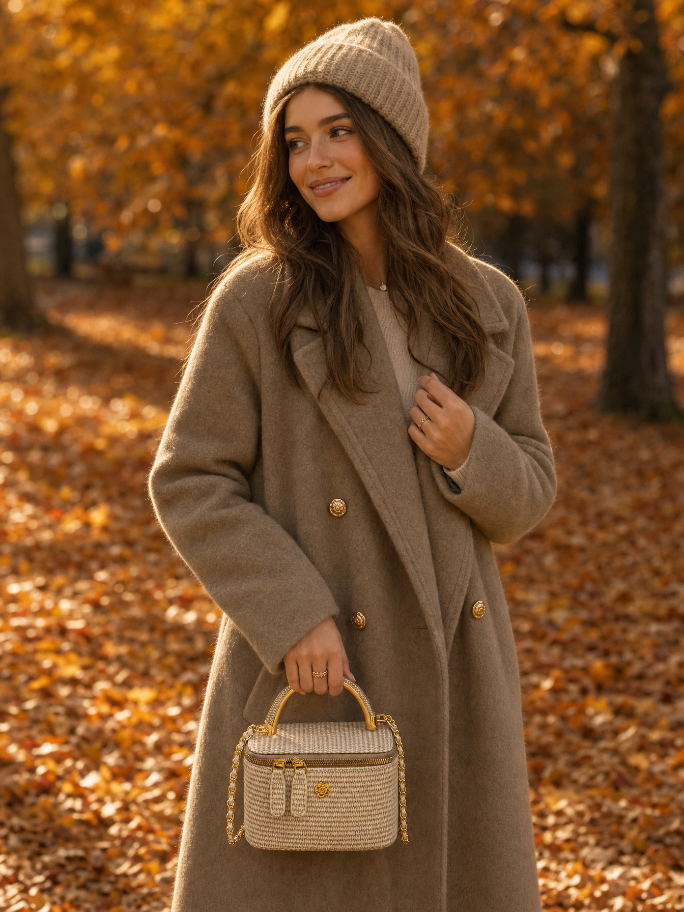 Gevlochten boxtas khaki - volledige foto model met mutsje, herfst sfeer