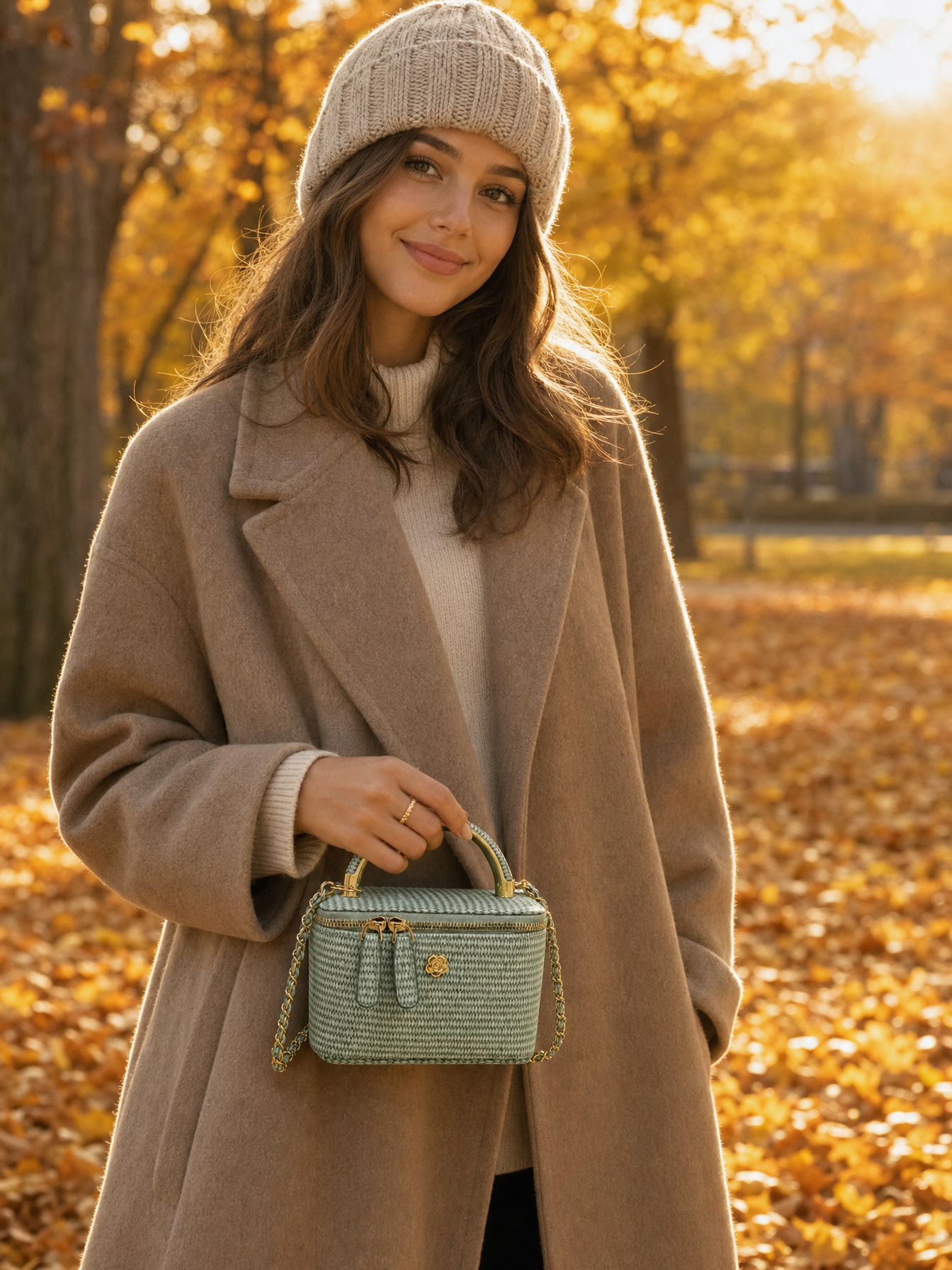 Gevlochten boxtas groen - volledige foto model met mutsje, herfst sfeer