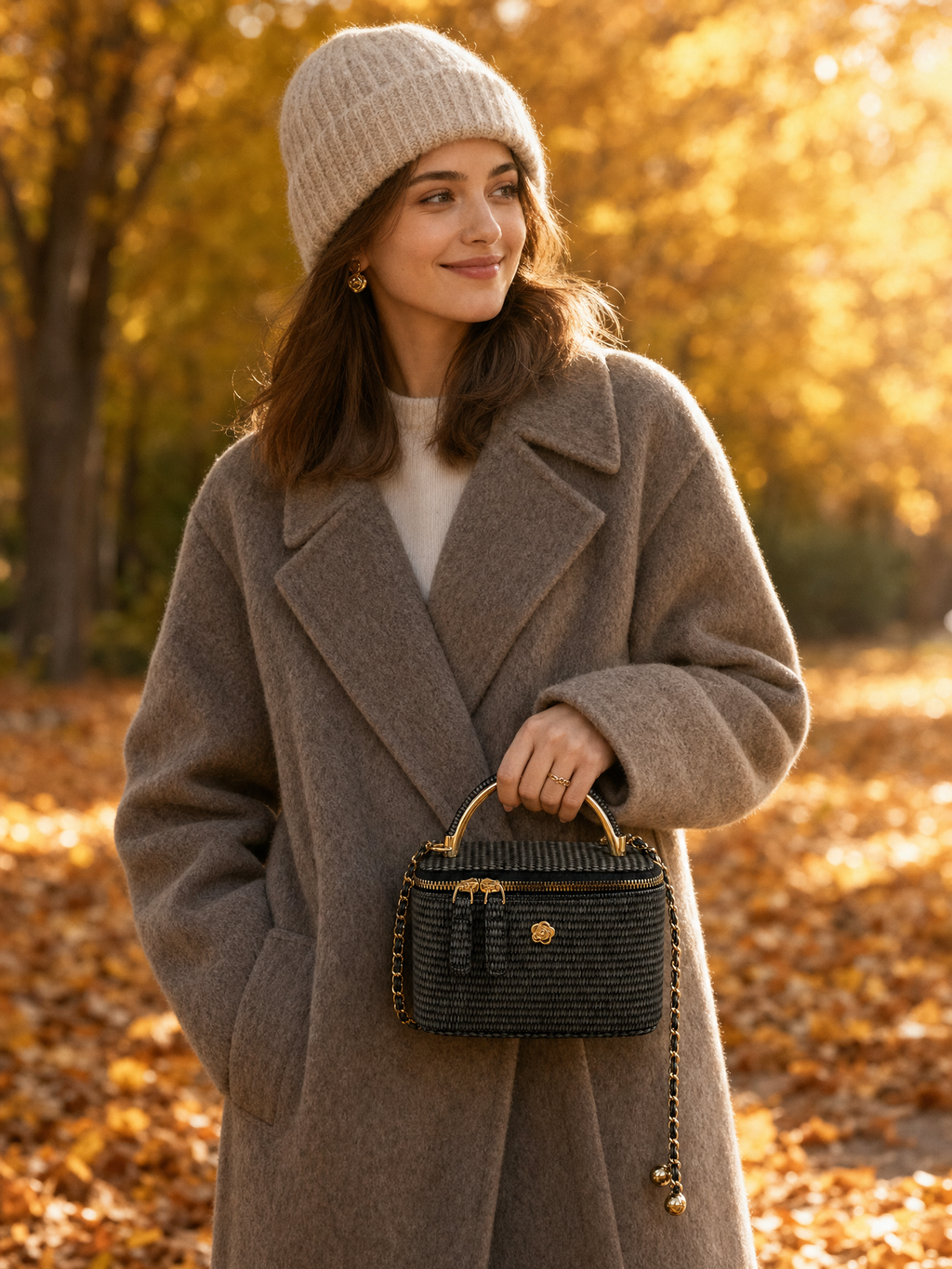 Gevlochten boxtas zwart - volledige foto model met mutsje, herfst sfeer