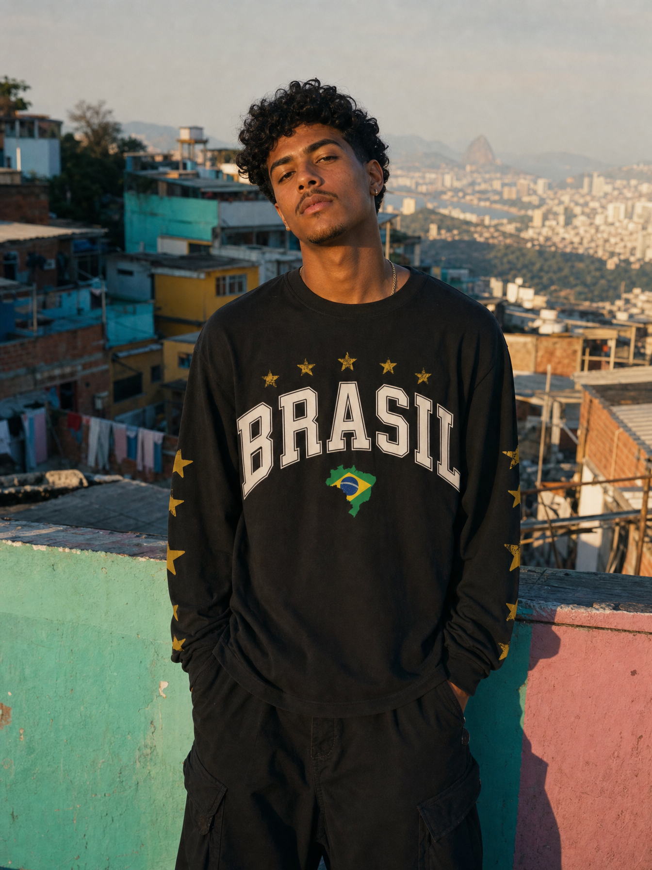 Favela Long Sleeve Brasil Edition - model draagt de voorkant met BRASIL print op een favela rooftop in Rio