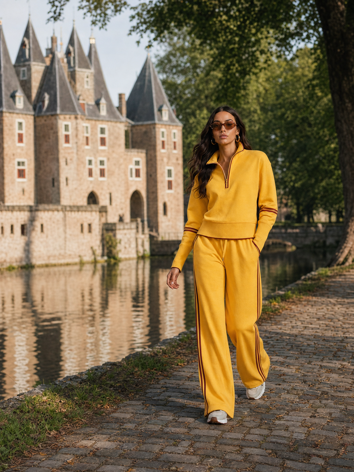 R3CEIVED Elise Tracksuit Set geel - model loopt langs de gracht