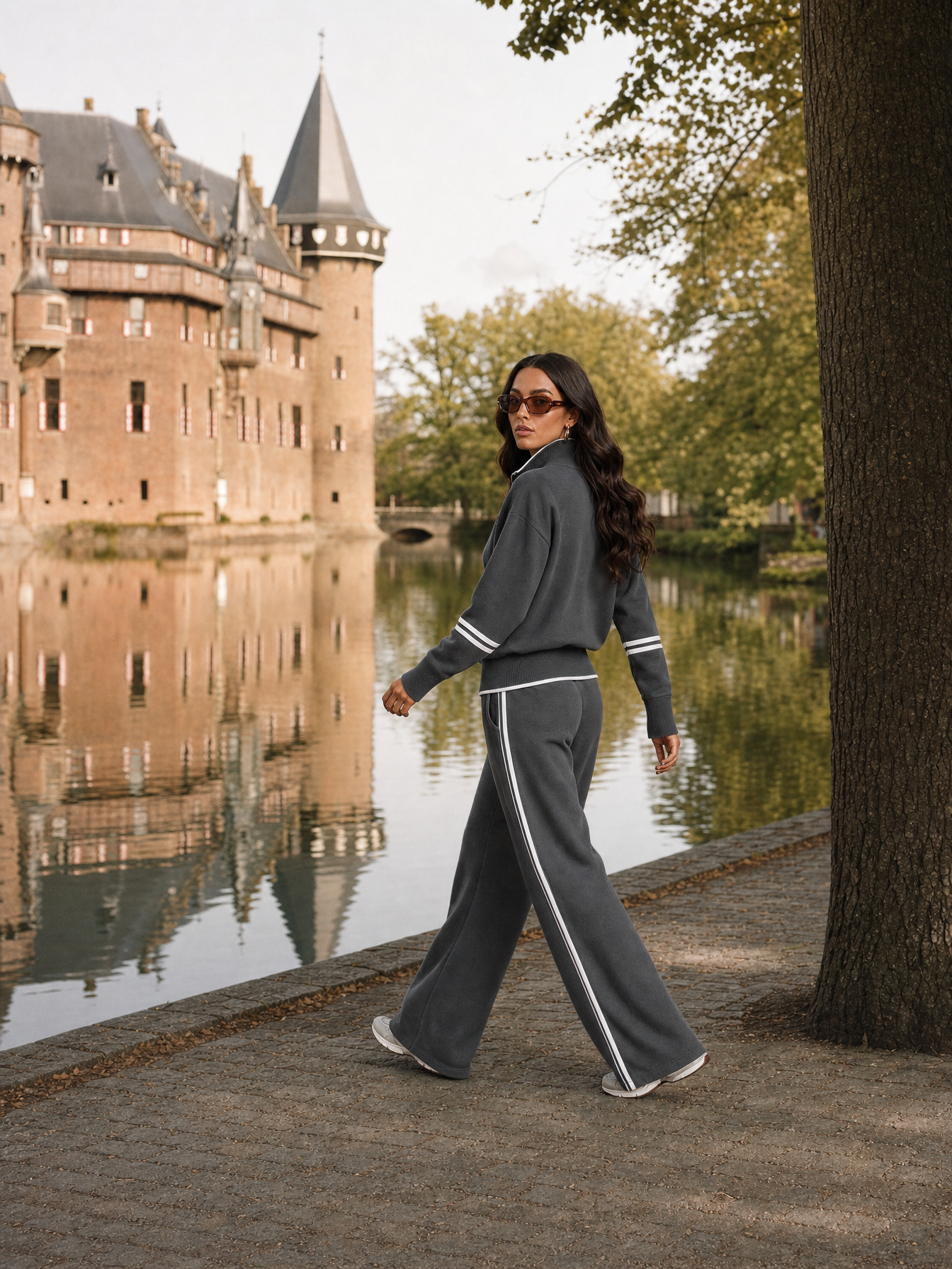 R3CEIVED Elise Tracksuit Set grijs - model loopt weg langs de gracht