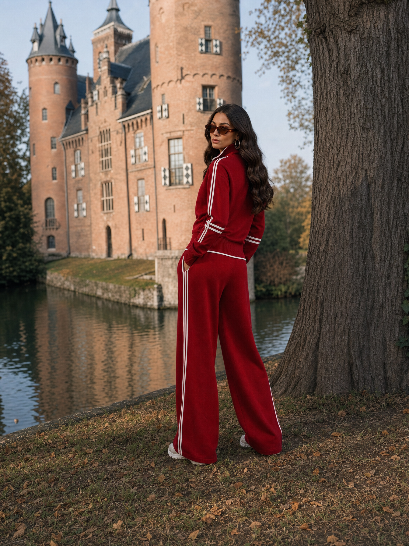 R3CEIVED Elise Tracksuit Set rood - model kijkt over haar schouder bij de gracht