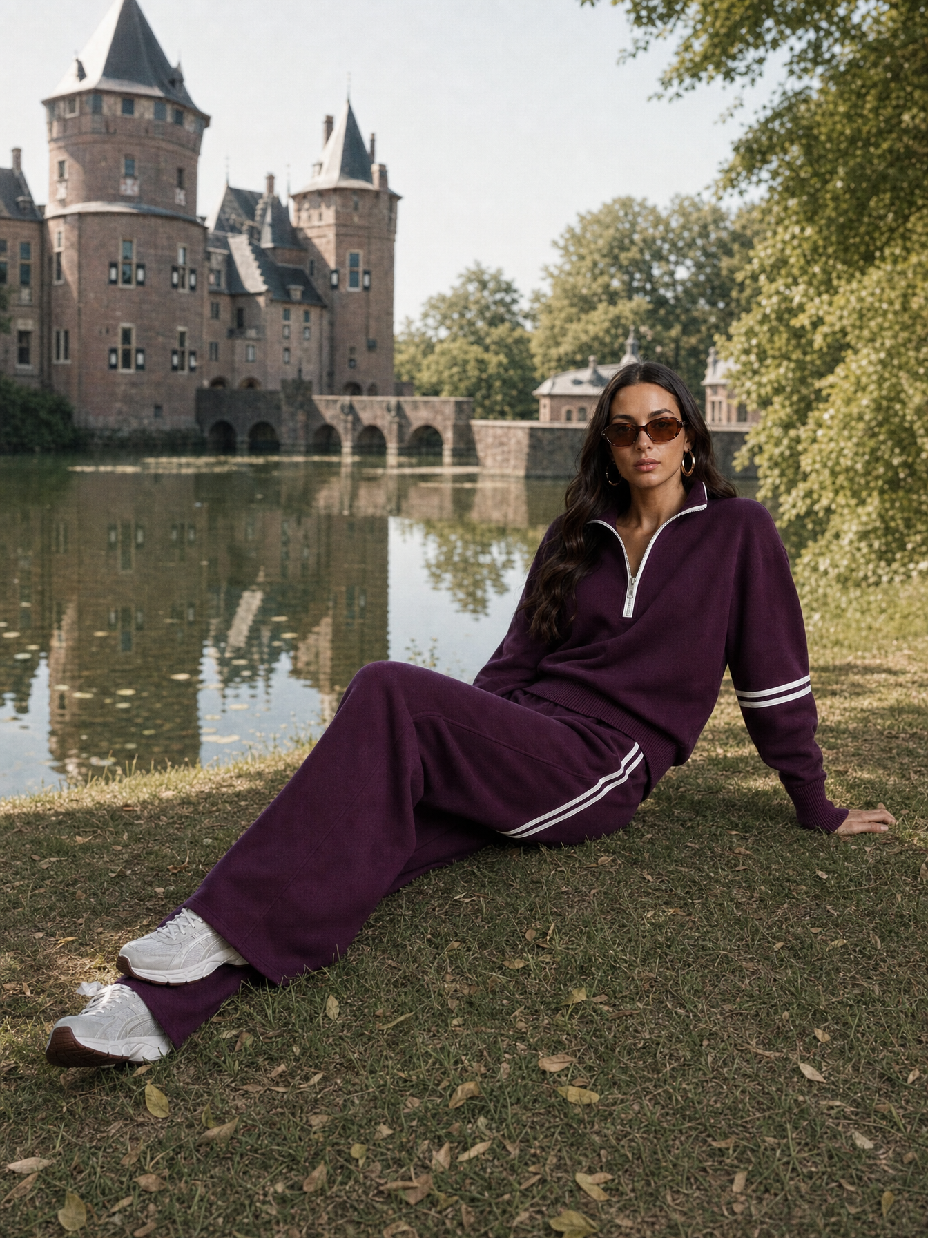 R3CEIVED Elise Tracksuit Set paars - model zit ontspannen in het gras bij de gracht