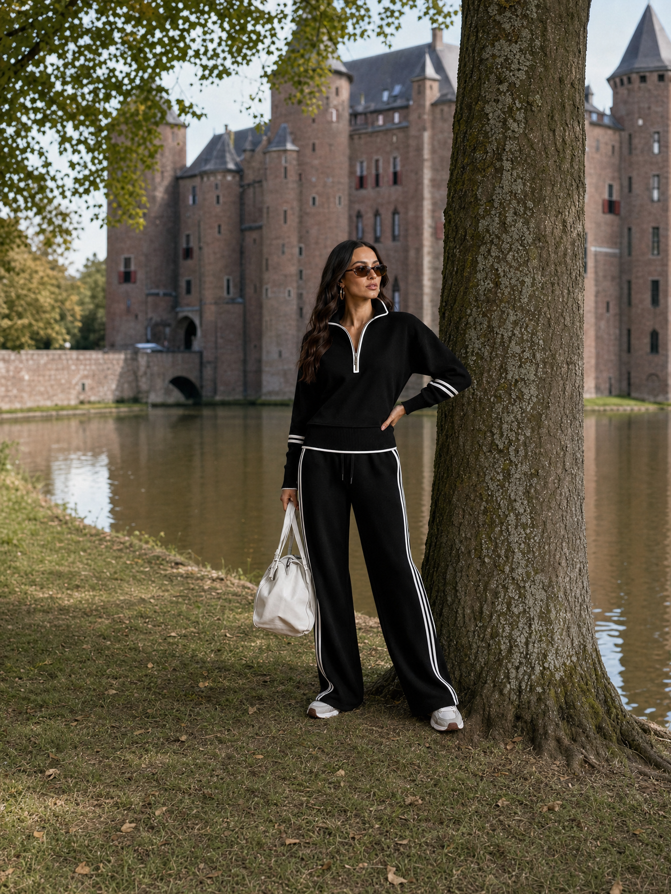 R3CEIVED Elise Tracksuit Set zwart - model staat aan de waterkant bij het kasteel