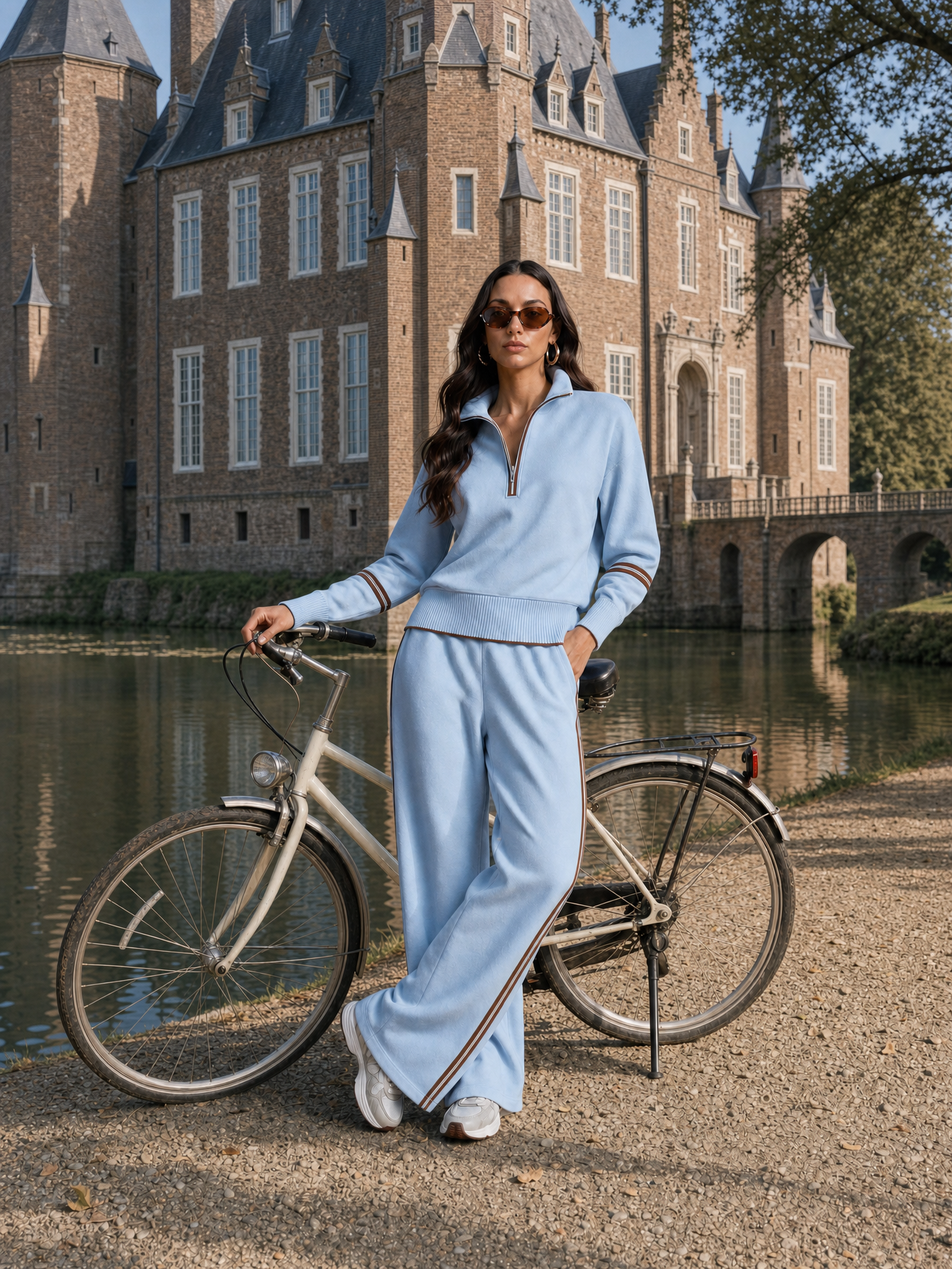 R3CEIVED Elise Tracksuit Set lichtblauw - model leunt tegen een fiets bij het kasteel