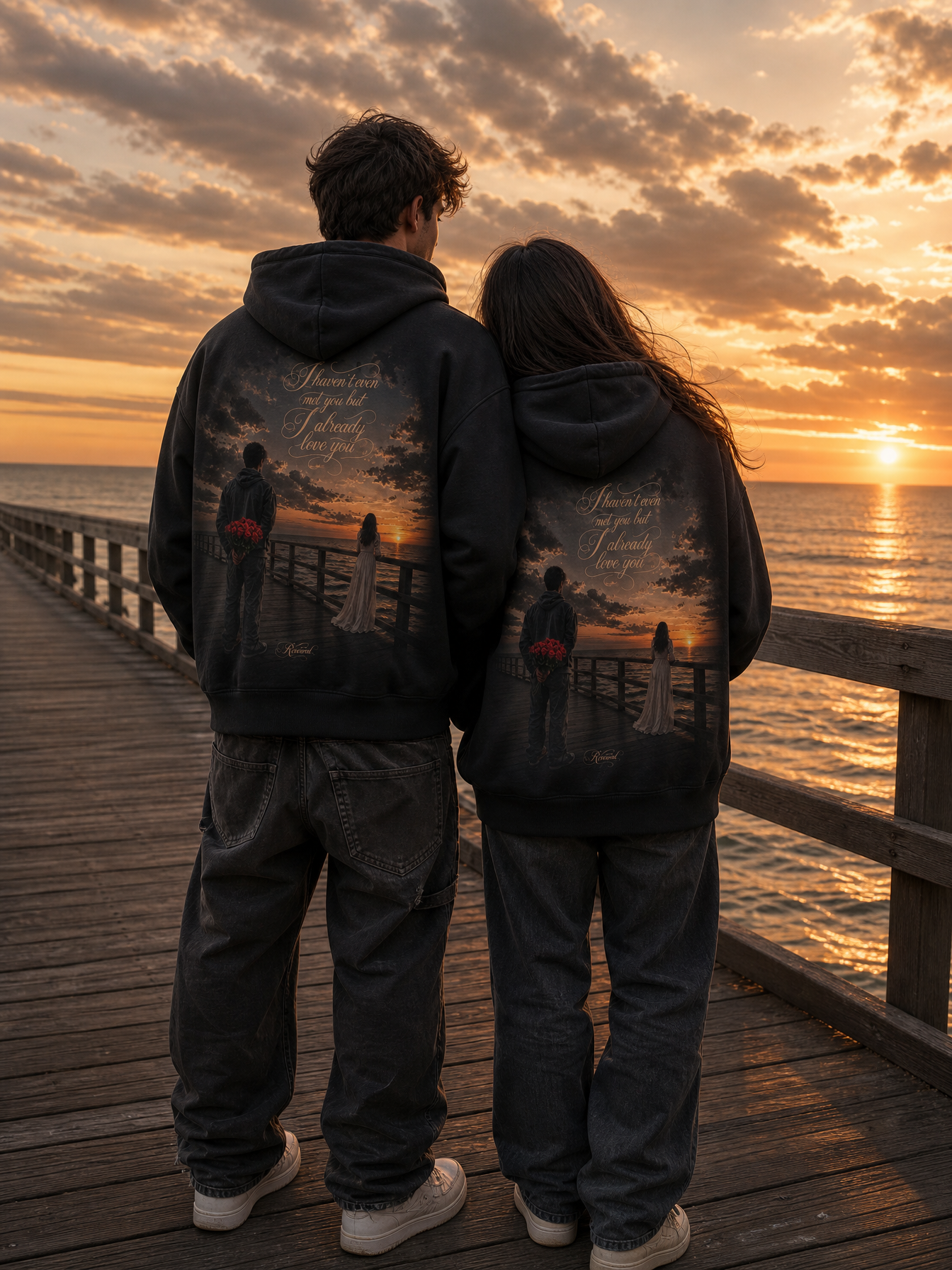 R3CEIVED True Love hoodie - koppel achterkant met sunset pier print, mannelijk en vrouwelijk model