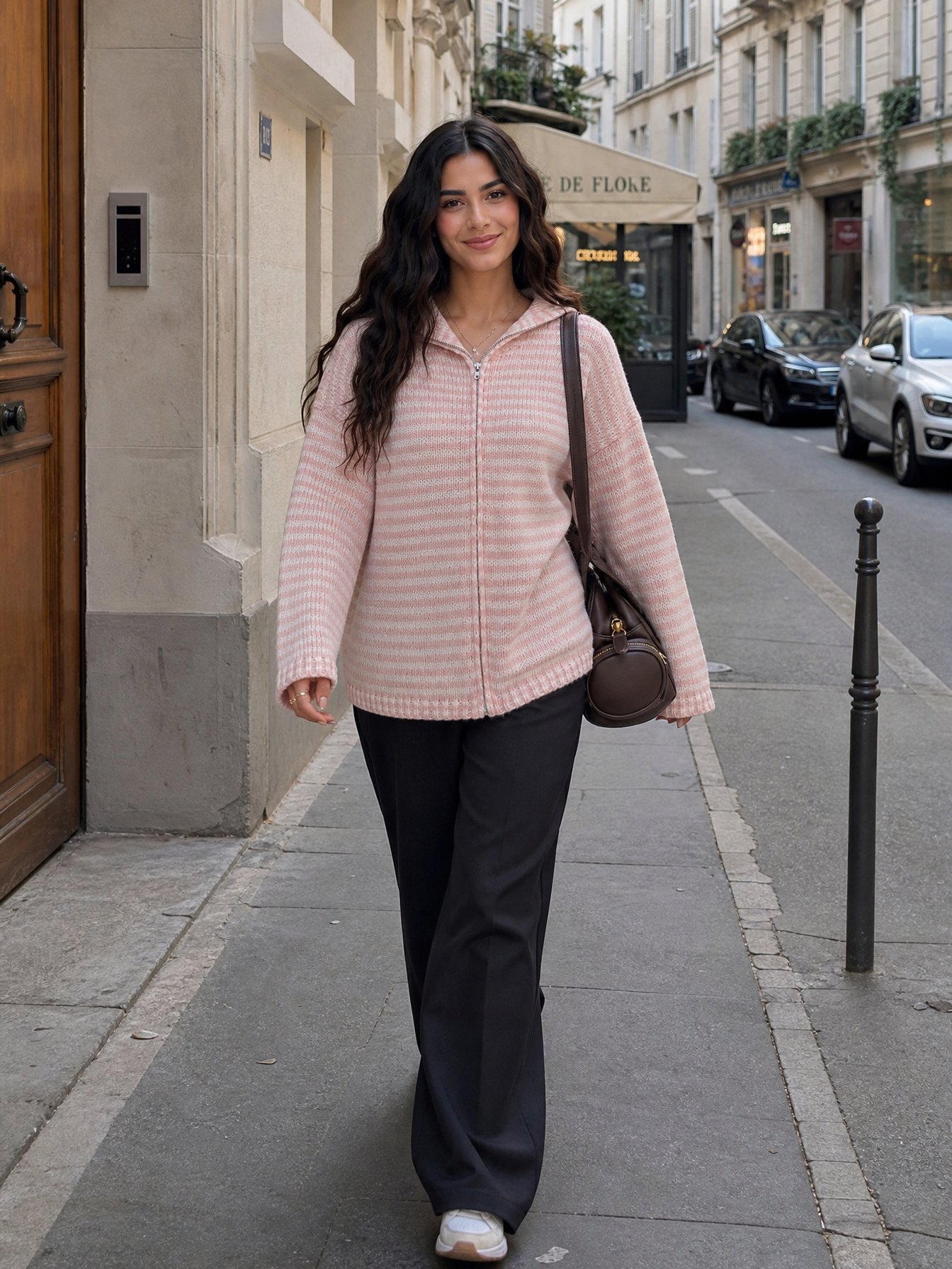The Margot Cardigan roze - model loopt door een Parijse straat