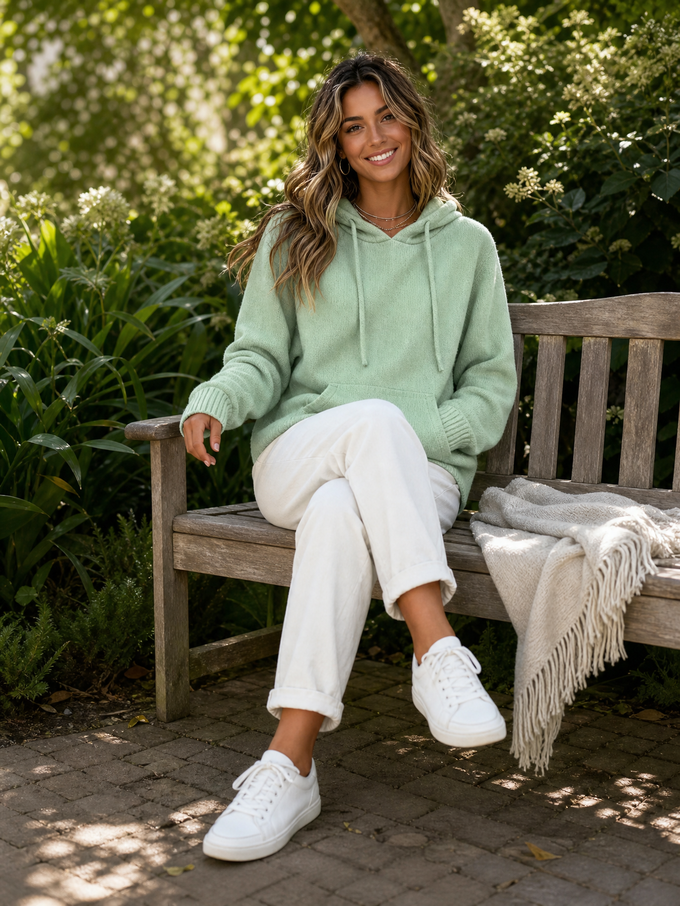Gebreide hoodie lichtgroen - model zit op tuinbankje