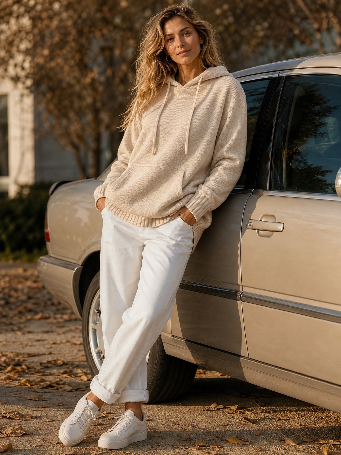 Gebreide hoodie abrikoos - model leunt tegen auto
