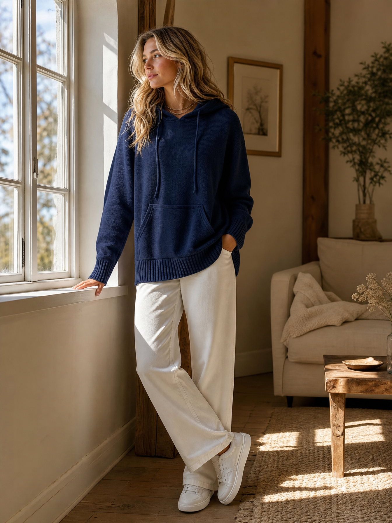 Gebreide hoodie marineblauw - model staat bij raam