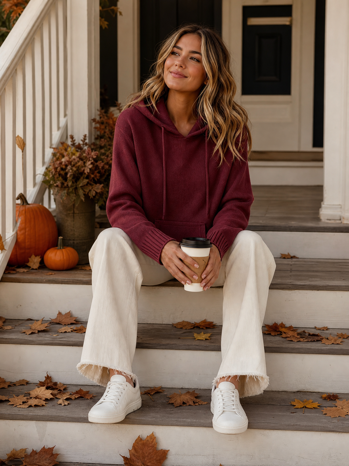 Gebreide hoodie bordeauxrood - model zit op stoep met koffie