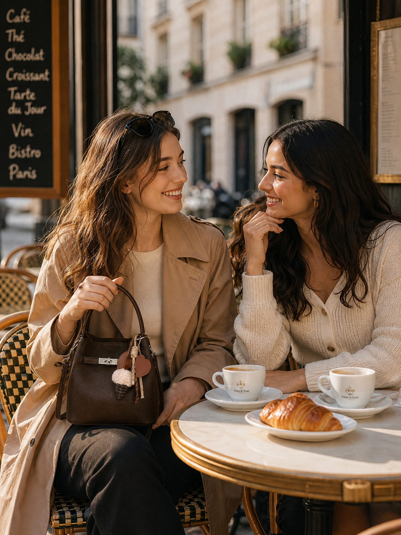 La Lune Bucket Bag bruin - twee vriendinnen op caféterras