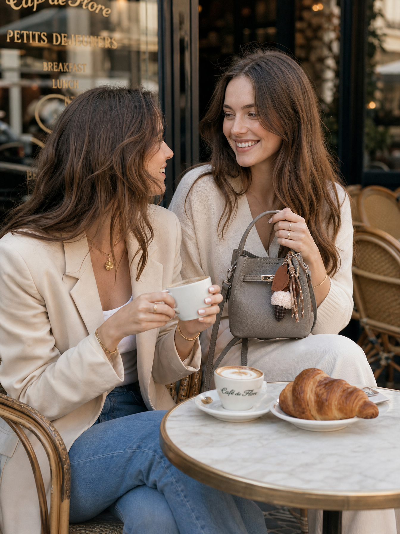 La Lune Bucket Bag grijs - twee vriendinnen op caféterras