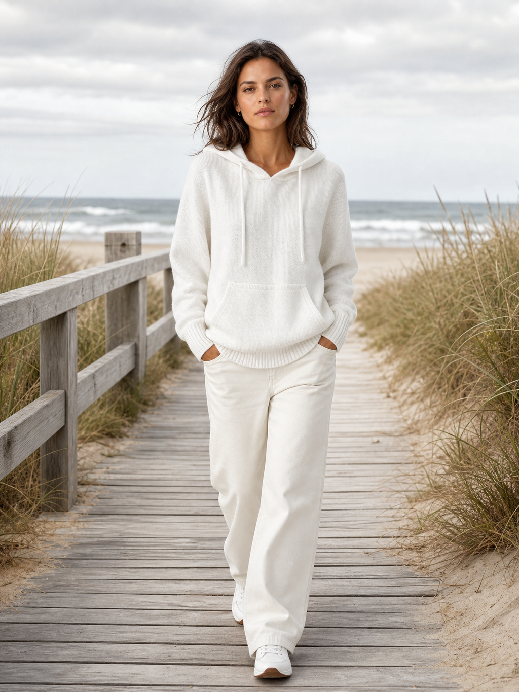 Gebreide hoodie wit - model loopt op strandboulevard
