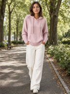 Gebreide hoodie oudroze - model loopt door park