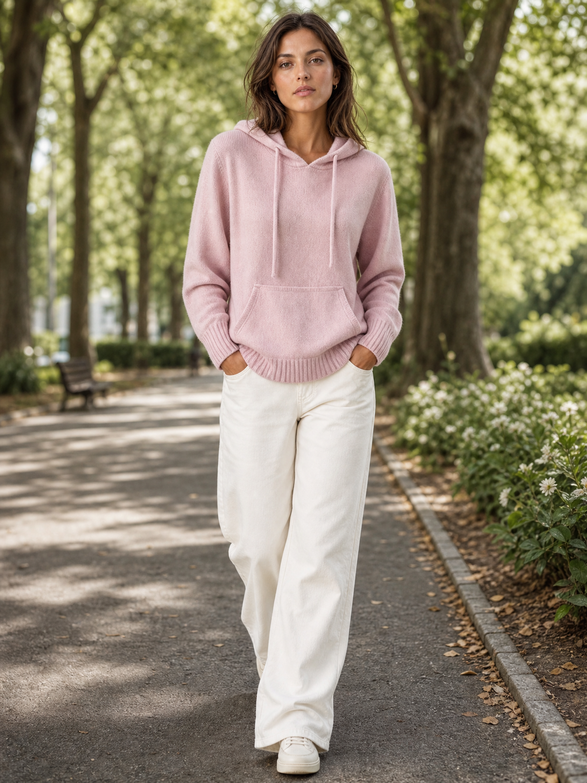 Gebreide hoodie oudroze - model loopt door park