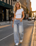 Model wearing R3CEIVED Retro Wash Straight Jeans