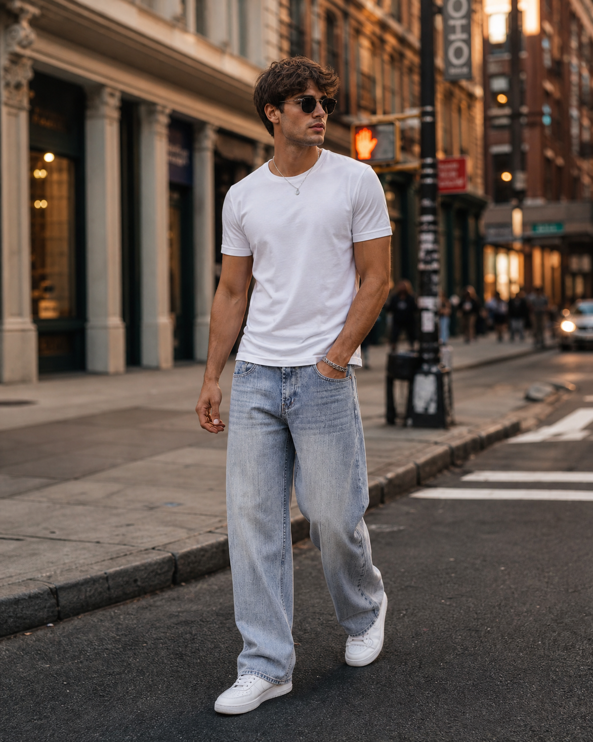 Male model wearing R3CEIVED Retro Wash Straight Jeans