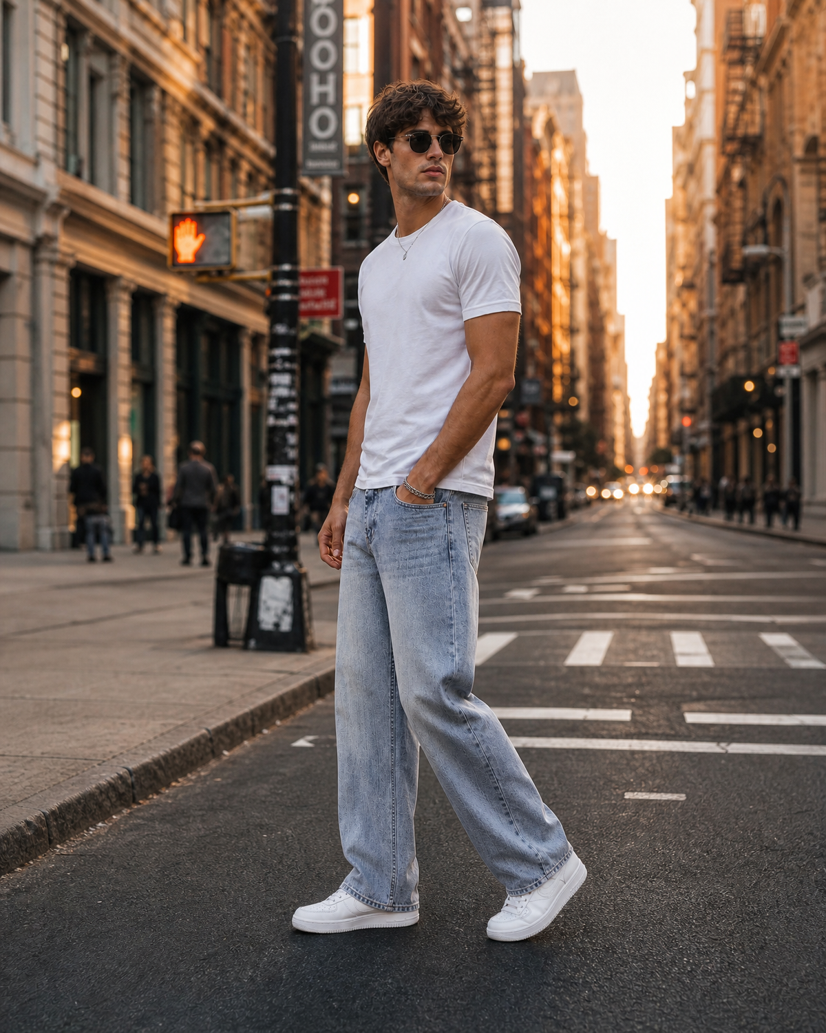 Male model wearing R3CEIVED Retro Wash Straight Jeans, side view