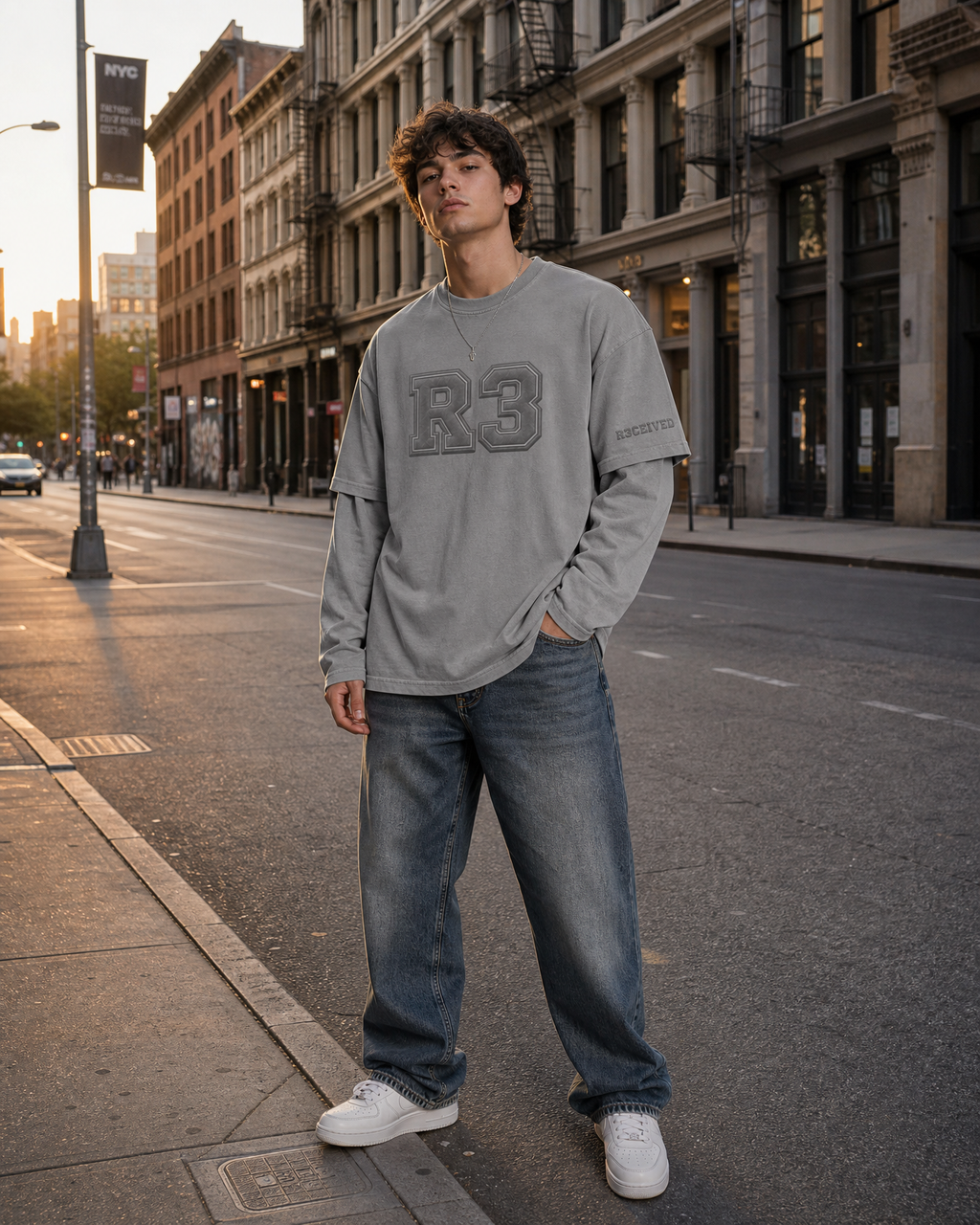 Male model wearing R3CEIVED 3:33 Long Sleeve (washed), urban street shot