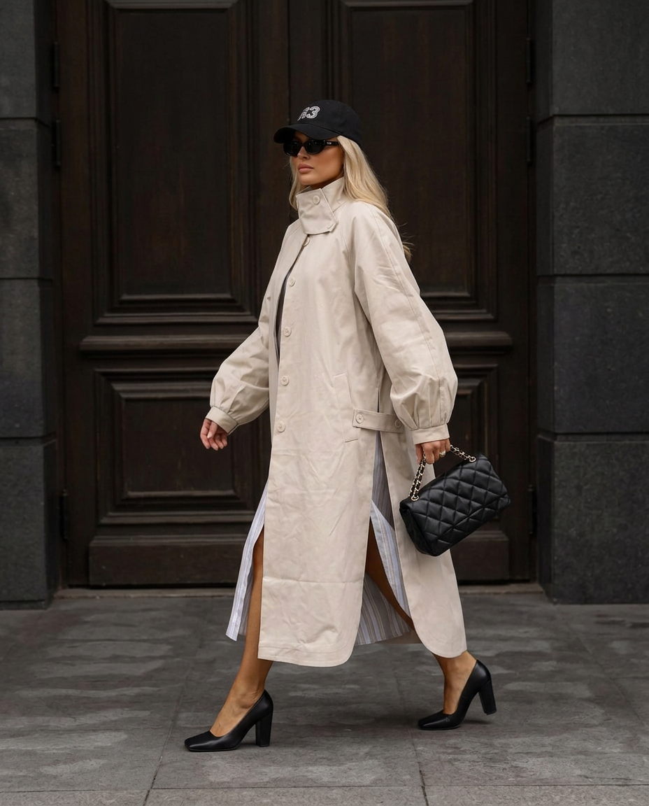 Hampstead Stand-Collar Trench Coat in Cream, side view
